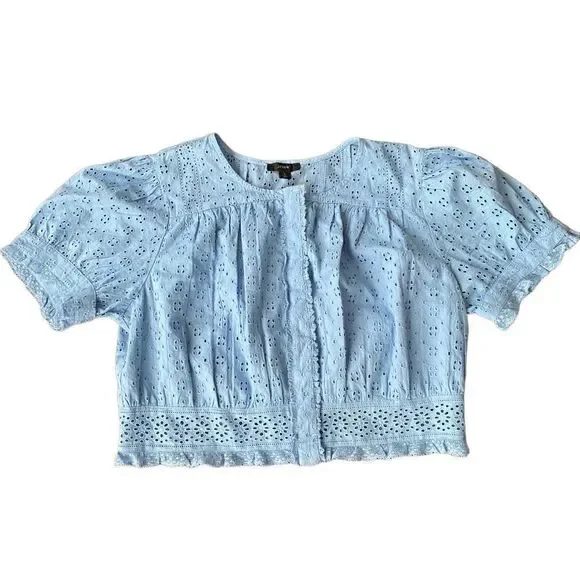 J. Crew Button-front Eyelet Cropped Top Hydrangea Blue Shirt NWT Large - Picture 2 of 4